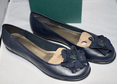 Womens Clarks Book End Ballet Flats Navy Leather Size 9.5W Comfort Shoes ~B3#27