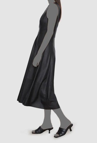 Pre-owned Vince $1695  Women Black Leather Sleeveless Jewel Neck Midi A-line Dress Size 12
