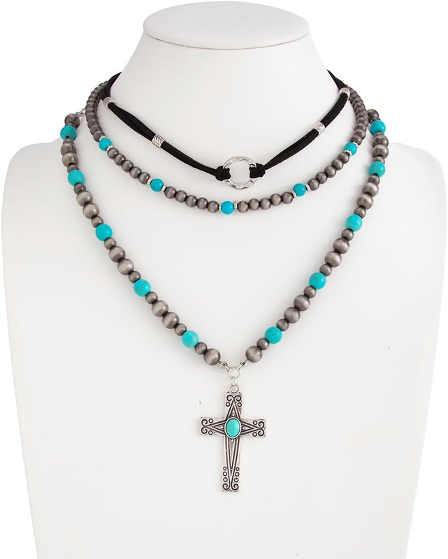 Western Turquoise Cross Necklace Set Women Pearl Layered Cowgirl Boho Christian