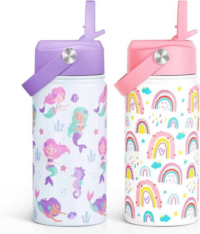 Kids Water Bottle 12oz 2 Pack Insulated Stainless Steel Straw Lid School Sports