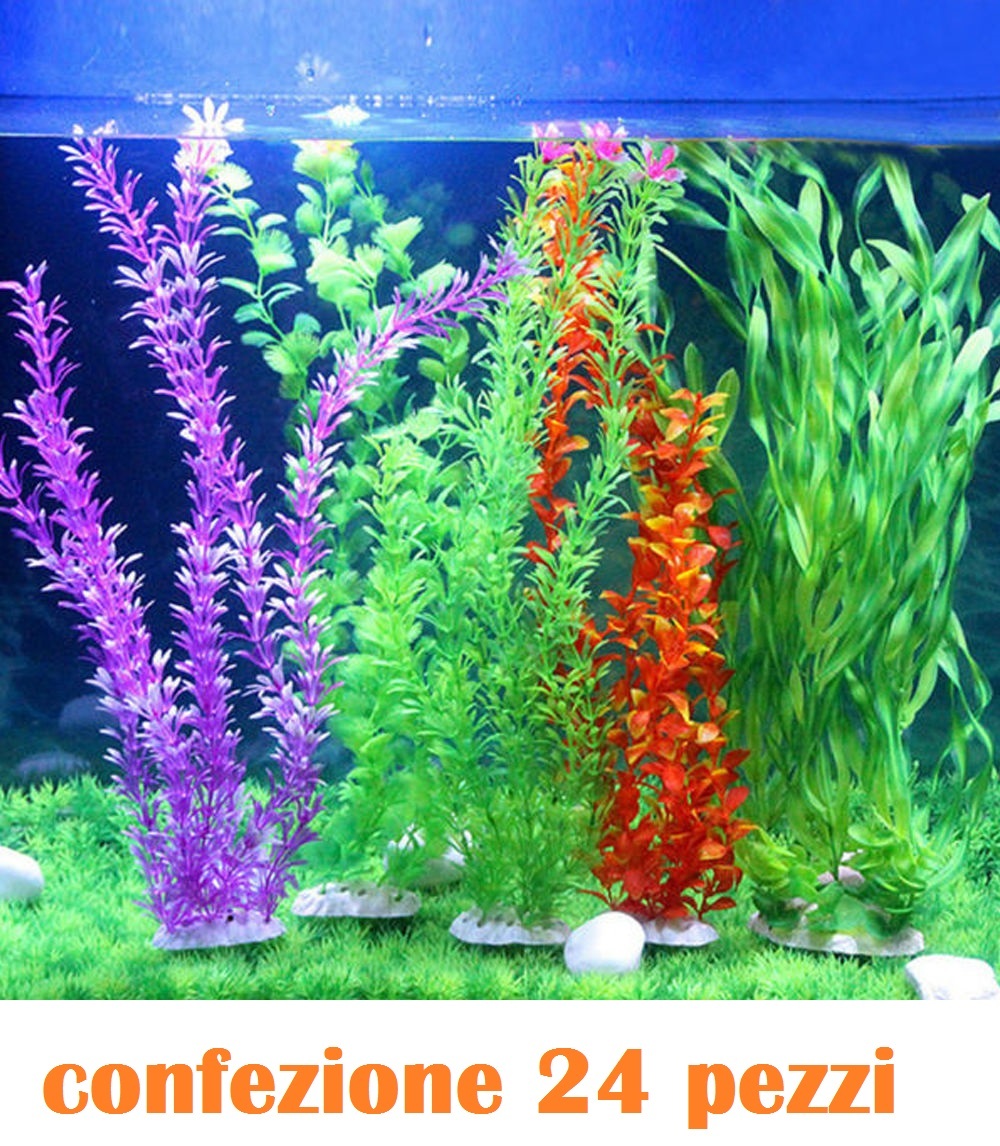 Set 24 Pezzi Pianta Artificiale Per Acquario Decorazione Finte Plastica 40cm moc