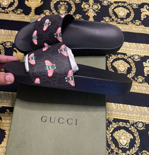 Pre-owned Gucci Box 100% Authentic  Gg Supreme H2o Bees Slides Sandals 8 Us 8.5 In Black/multi-color