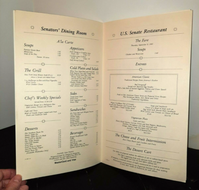 Vintage Restaurant Menu US SENATE DINING ROOM 1993 bean soup recipe | eBay