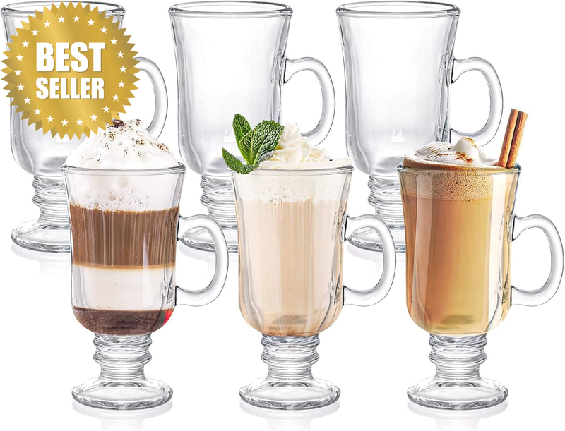 6 Pieces Irish Coffee Mugs, 8 Oz Glass Footed Espresso Cups with Handles, Clear