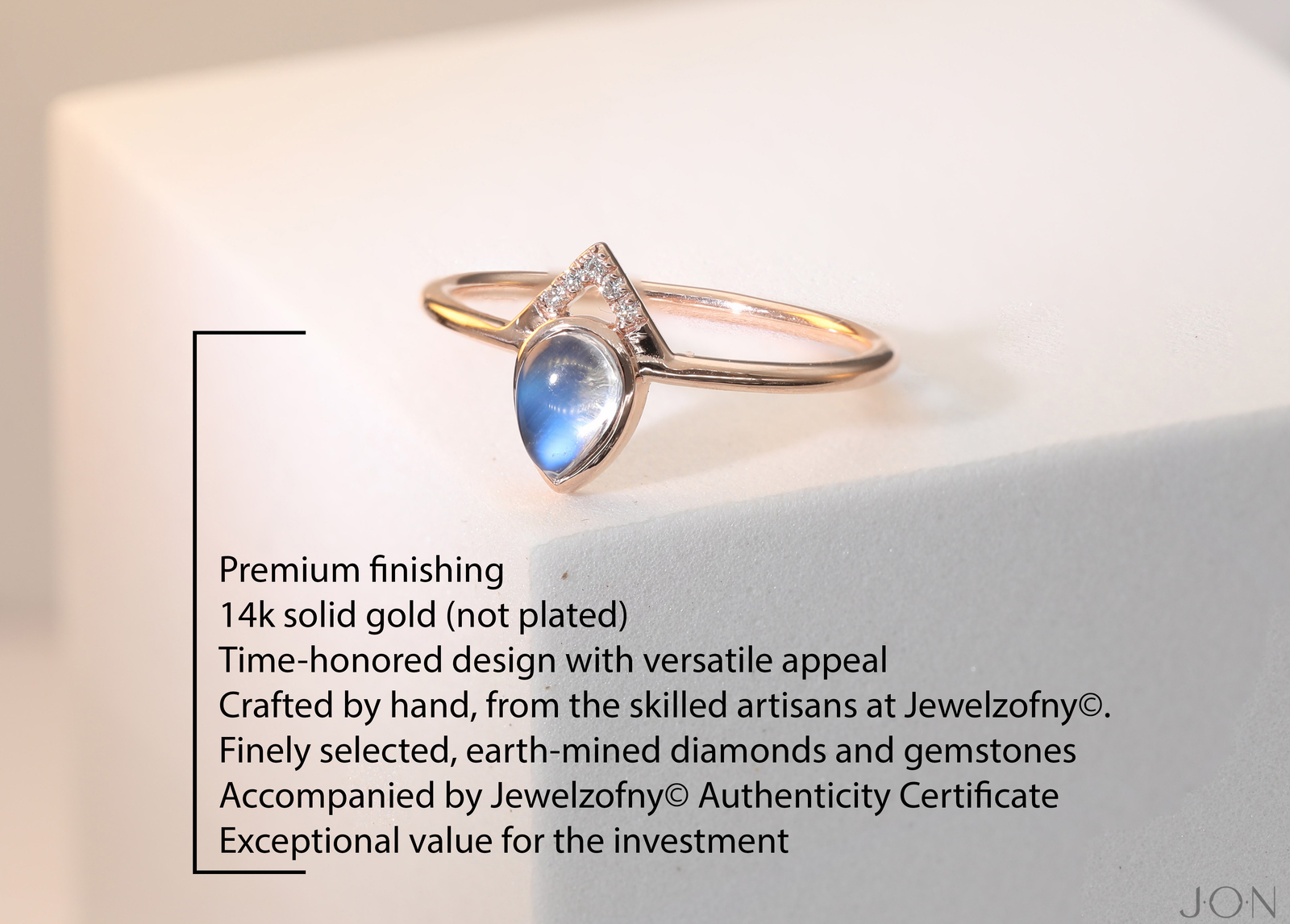 14K Gold Natural Diamond And Pear Shape Rainbow Moonstone Ring-Jewelzofny