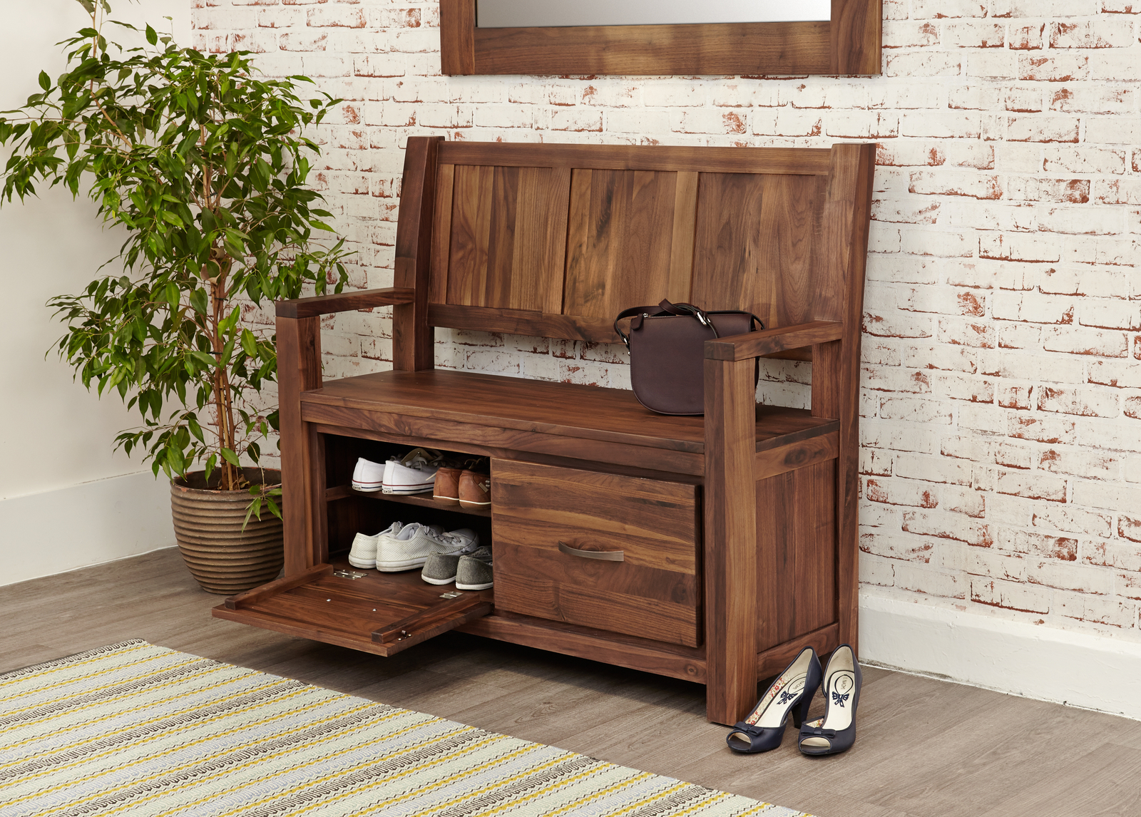 Mayan Dark Wood Monks Bench With Shoe Storage 2 Drawers Solid