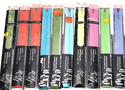Vintage NOS J & P Coats Flex Knit Zippers Lot of 10 Multiple Colors Lengths