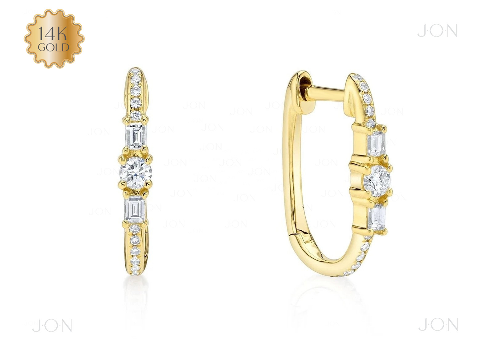 14K Gold Oval Rectangular Diamond Hoop Earrings - Elegant Design