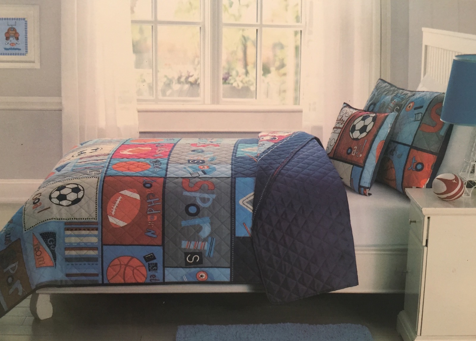 NEW 3 PC Boys TWIN Sports Football Basketball Soccer Quilt & Pillow Set Blue/Red