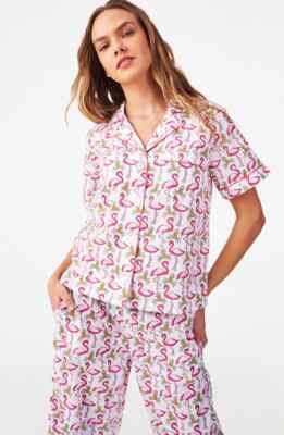 New Roller Rabbit Freddy Flamingo Liza Set Pajama PJ Pink Pants Shirt White S