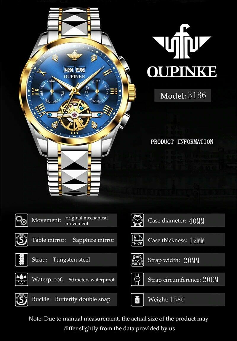 Pre-owned Oupinke Original  Men Automatic Watch Luxury Mechanical Wristwatch Waterproof In Black