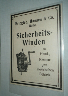 Alte Reklame Werbung Sicherheitswinden, Handwinden Briegleb Gotha
