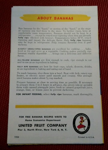 VINTAGE 1958 CHIQUITA BANANA United Fruit Company Advertising Promo Cookbook pb
