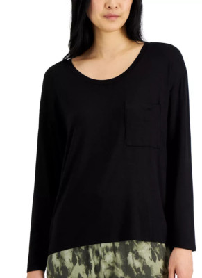 Alfani Women's Long-Sleeve Scoop-Neck Pajama Top T-Shirt, Black, Medium