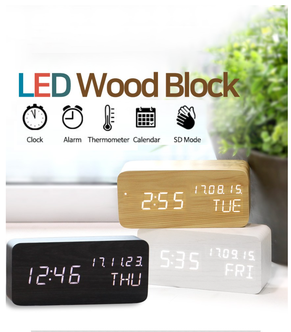 Clock Wood Digital Alarm Time Date(MM/ DD/ YY) Day of The Week Temperature Desk