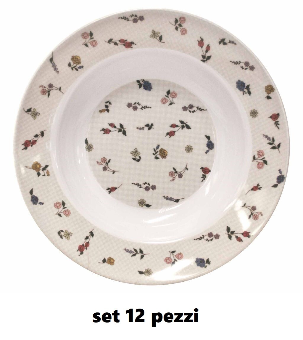 Servizio Piatti Set 12 Pezzi Piatto Fondo In Melammina 23cm Fiorellini dfh
