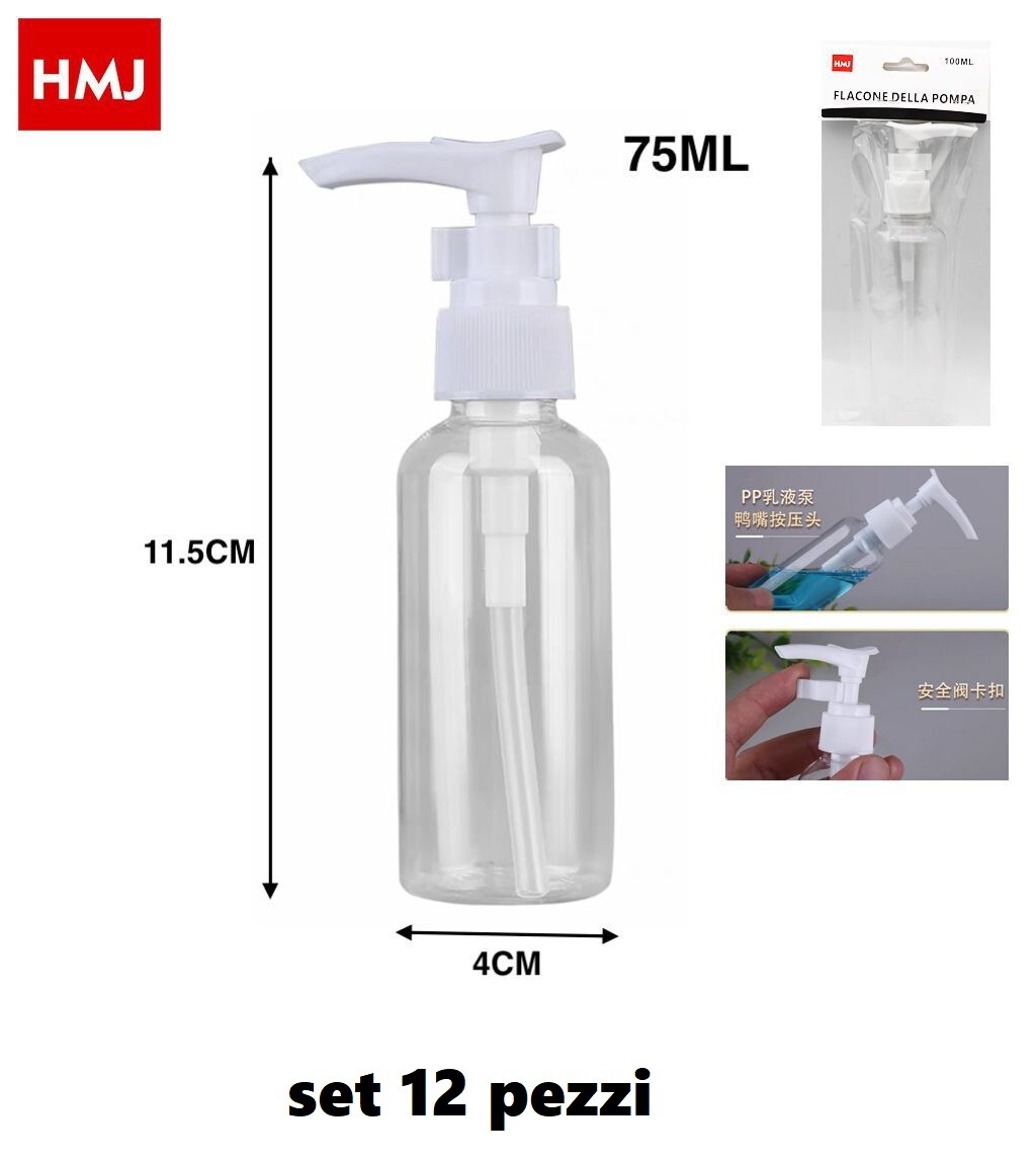 Set 12 Pezzi Flaconcino Contenitori Dosatore Lozioni Profumi Trucchi 75ml hmj