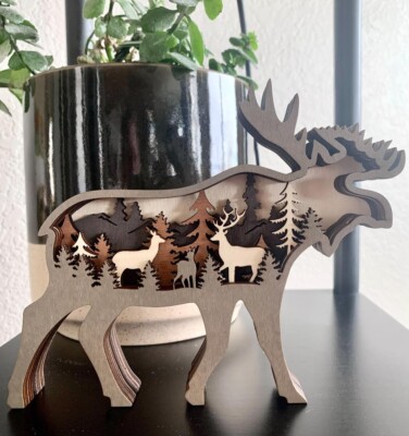 Alaskan Moose Bull Northwoods Wood Animal Multi-Layer 3D Shadow Box Diorama New