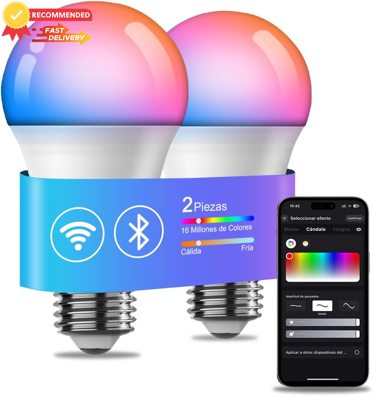 Smart Light Bulbs 2PK, E27 A19, WiFi Bluetooth, Color LED, Dimmable, Alexa
