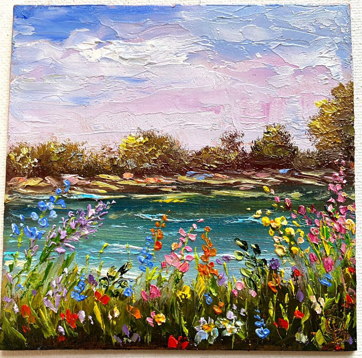 Original OIL Impasto PAINTING RIVER, MEADOW Olga Diduh Impressionism 4"x4"