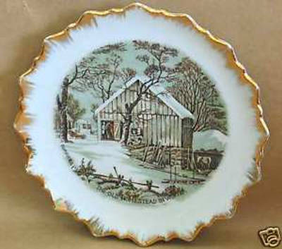VINTAGE CURRIER & IVES GOLD TRIM PLATE HOMESTEAD WINTER  FREE SH