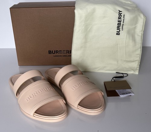 Pre-owned Burberry Open Toe Women's Peach Leather Slides Sandals 7.5 (37.5) 8047843 It In Orange