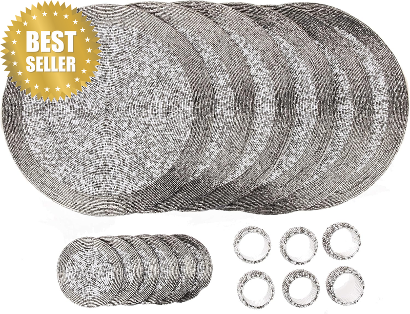Handcrafted Glass Beaded round Placemats, Coasters & Napkin Rings Set of 18 - Ha