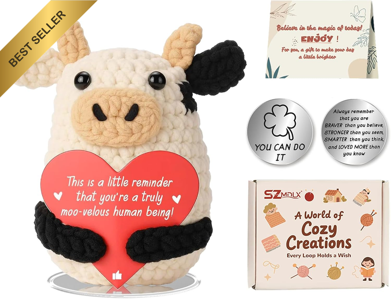 Positive Crochet Animals, Pocket Hug Positive Cow with Inspirational Cards in Gi