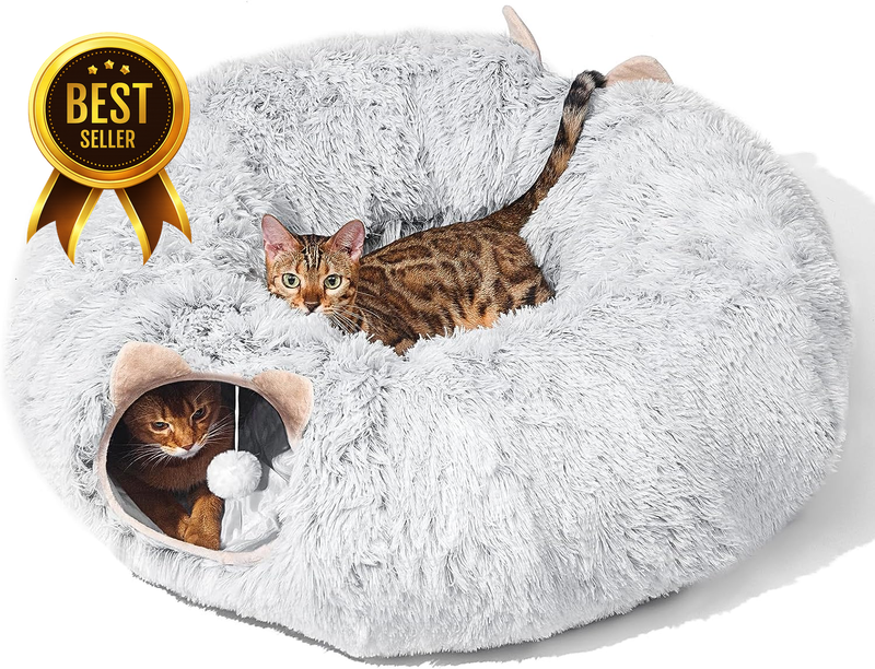 Grey Plush Donut Cat Tunnel and Cave Bed with Christmas Tree Mat