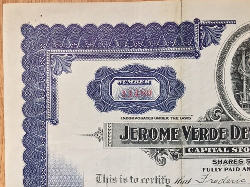 Jerome Verde Development Company Stock Certificate 1924 Delaware Mining Vignette