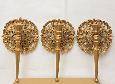 Vtg 70's 3 Candle Holders Homco Gold Gothic Hollywood Regency Wall Sconce 10''