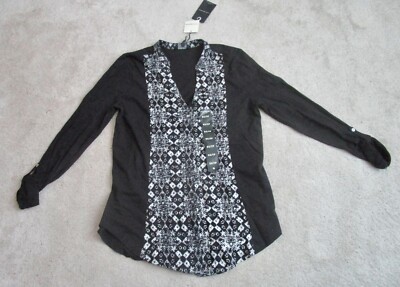 Lucky Brand Women's Printed Bib Button 3/4 Sleeve V Neck Top Black Size X-S