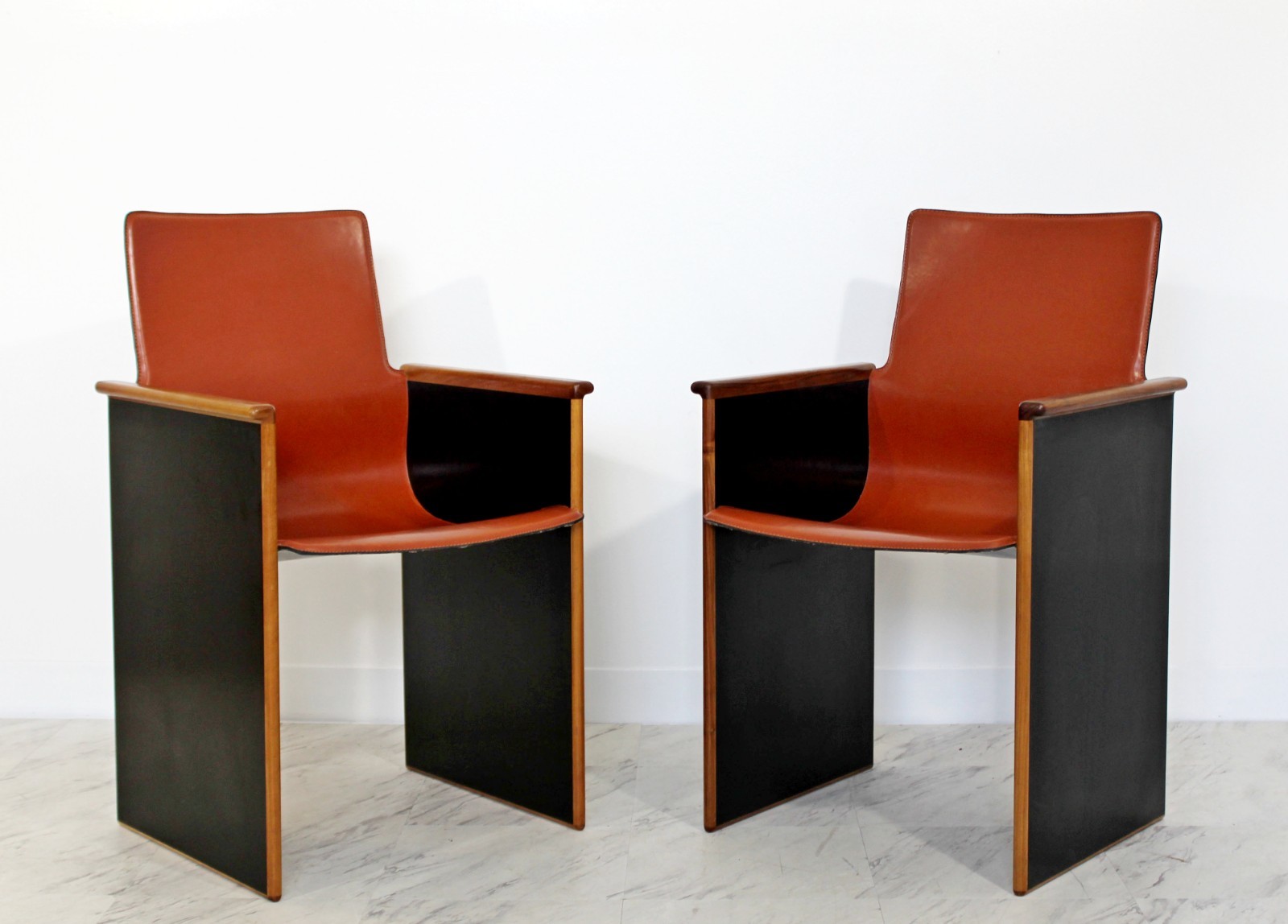 Mid Century Modern 6 Wood Leather Armchairs Tobia Scarpa for B&B Italia Attr.