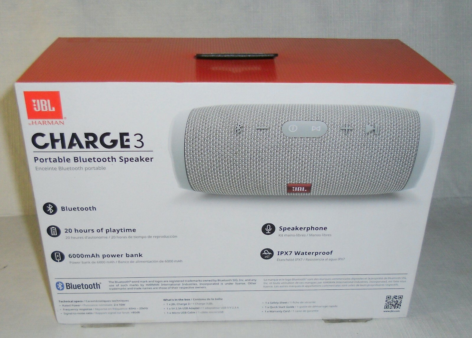 New JBL Charge 3 Rechargeable Waterproof Bluetooth Speaker 6000 mAh Battery Gray