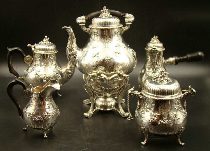 19th Century Louis Xv Paillard Freres Sterling Silver Coffee & Tea Set Samovar