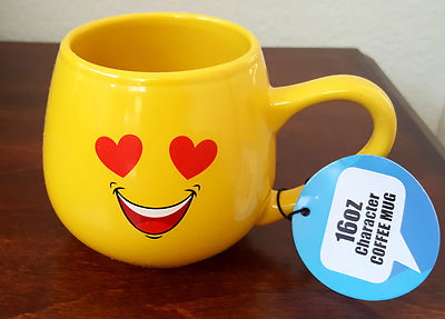 NWT Emoji Emoticon Coffee Mug Heart Eyes Smiling Face Love Yellow Ceramic 16 oz