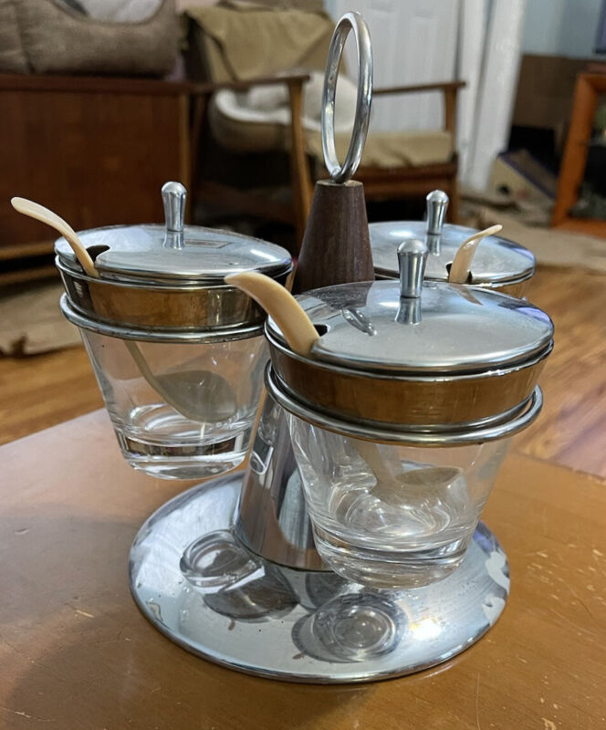 Mid-Century Modern Condiment Server Caddy Chrome Finish 3 Glass Compartments MCM
