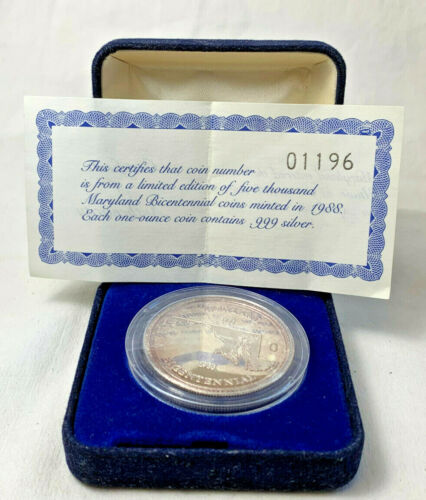 Vtg Maryland Bicentennial 1988 Old Line State Troy Oz .999 Silver Coin COA & Box