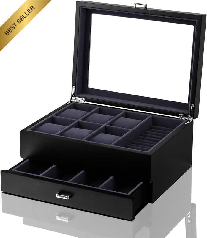 Watch Box with Drawer, Double-Layer Jewelry Organizer Case with Glass Lid, Displ
