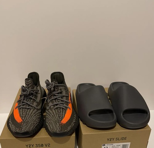 Pre-owned Adidas Originals Adidas Yeezy Boost 350 Carbon Beluga Size 13 & Yeezy Slide Slate Grey Size 13 M In Gray