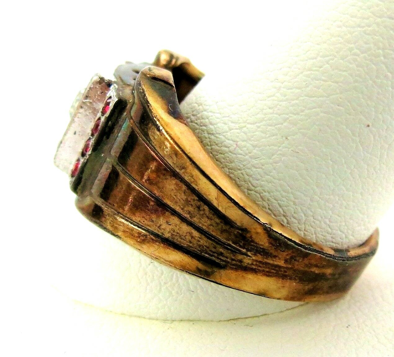 Vtg Mens 10 K GF STERLING Sz 13 Ring Signed Clear Rhinestones & Red UNCAS 8.5 GM