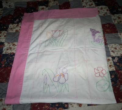 Vintage Hand Embroidered Baby Crib Quilt Throw Lap Blanket 52 by 40 with flowers