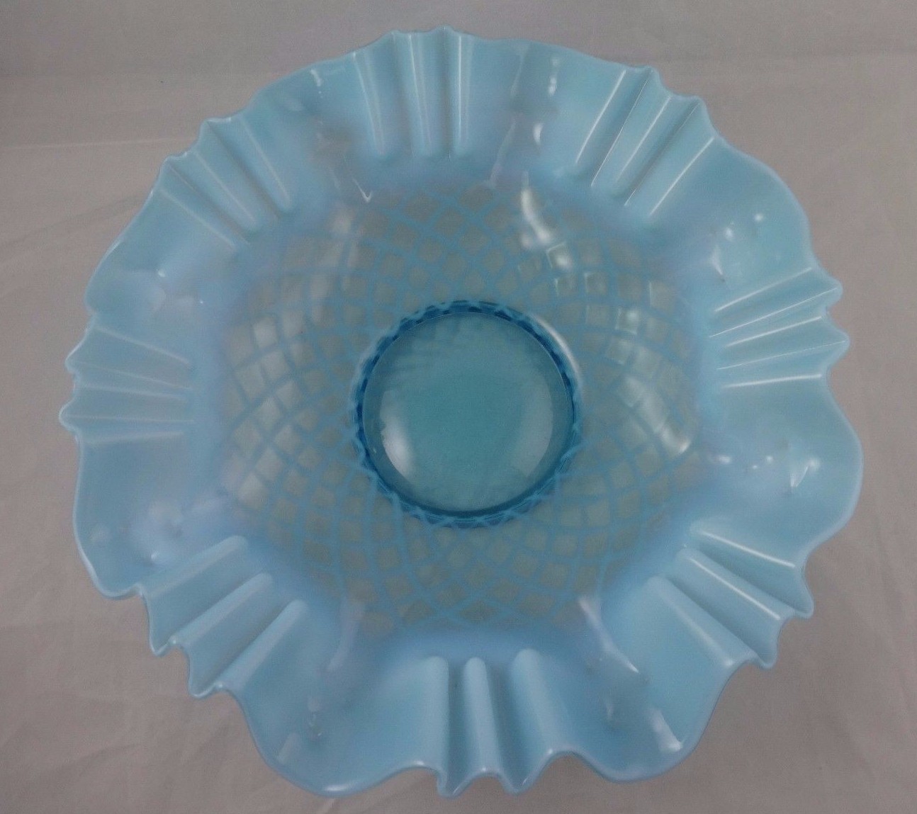 Old Antique BLUE GLASS OPALESCENT LATTICE Pattern BRIDE'S BASKET BOWL Art Glass