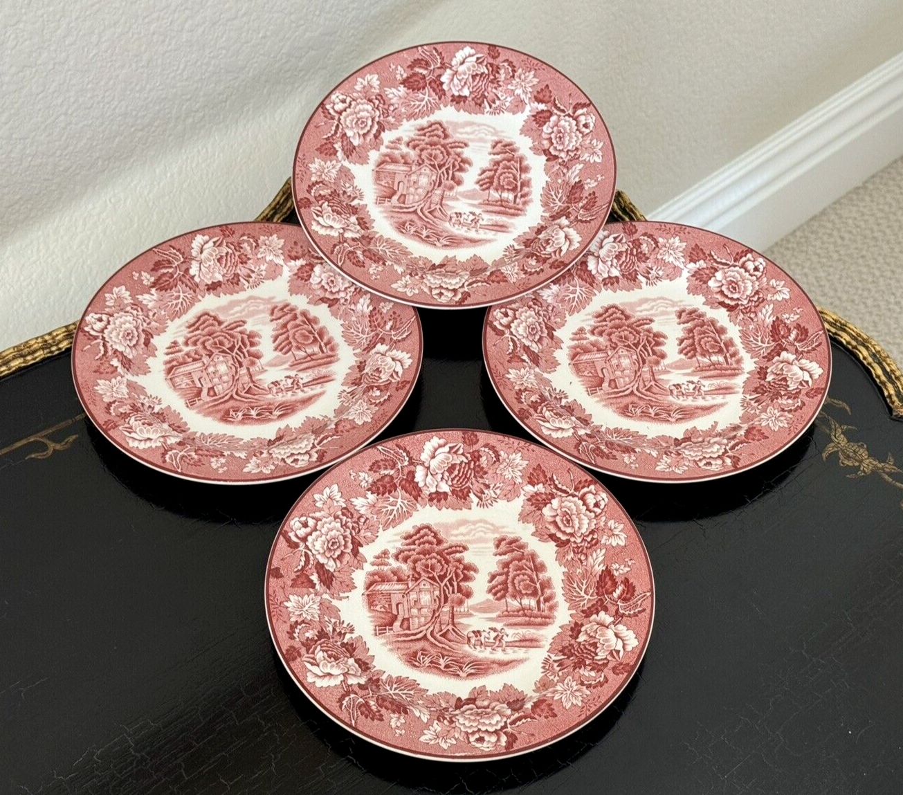 アンティーク wood&sons 英国 enoch wood's 赤絵 2枚 皿 Enoch Woods English Scenery SET OF FOUR Pink Red 8” SALAD