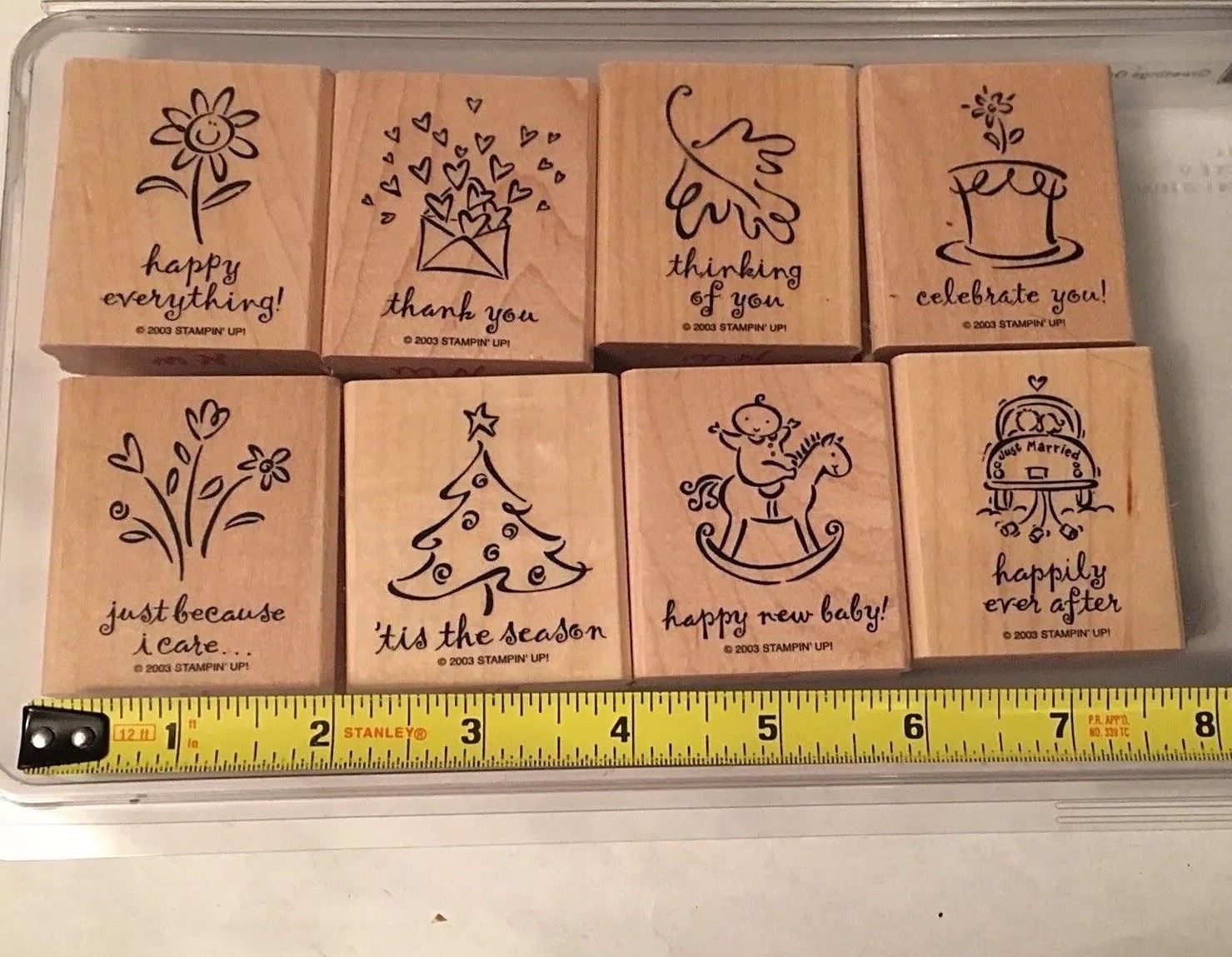Stampin Up Set of 8 GREETINGS GALORE Wood Mounted Rubber Stamps 2003 Retired