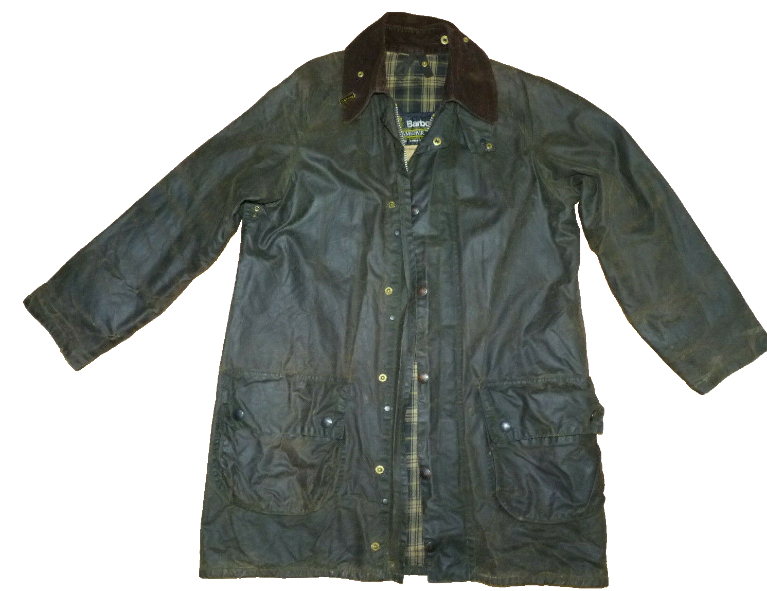 Vtg 1980s BARBOUR Gamefair 2 Crest WAXED Jacket Green Size Vtg 1980s BARBOUR Gamefair 2 Crest WAXED Jacket Green Size