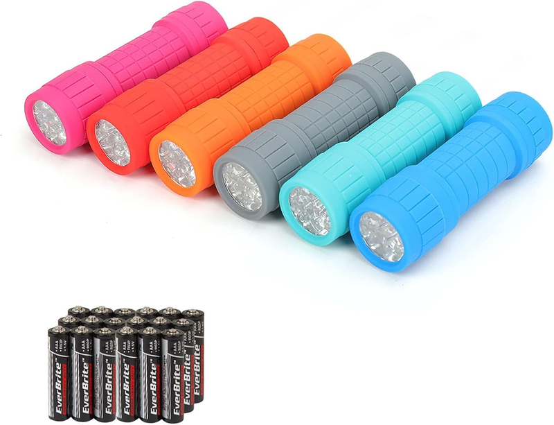 9 LED Flashlight 6 Pack Impact Handheld Torch Mix Colors with Lanyard AAA Batter