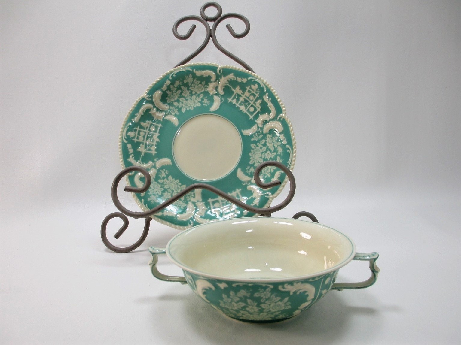 Rosenthal Sanssouci Soup Bowl Saucer Teal Ivory High Baroque Revival Relief 1925