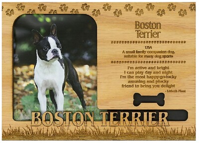 Boston Terrier Engraved Wood Picture Frame Magnet