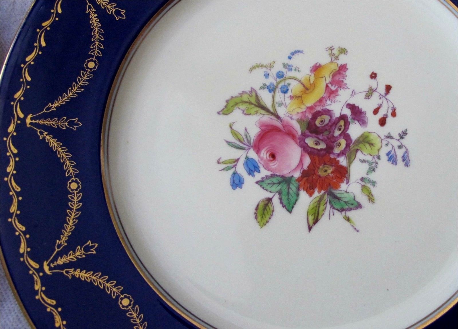 Coalport Antique 8 Dinner Plates Cobalt Gold & Roses 1900's perfect 10.5